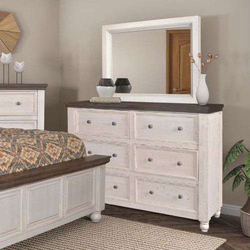 Sunset Trading Rustic French White Brown Double Dresser and Mirror