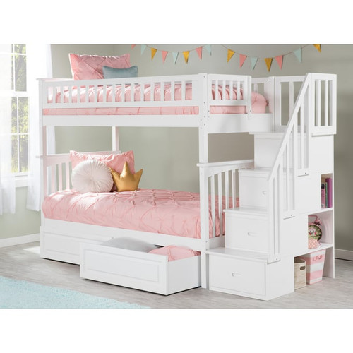 AFI Furnishings Columbia White Staircase Bunk Beds with Raised Panel Drawers