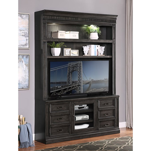 Parker House Washington Heights Washed Charcoal 66 Inch TV Console With Light Kit Hutch