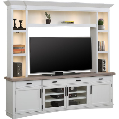 Parker House Americana Modern White 92 Inch TV Console with Hutch and LED Lights