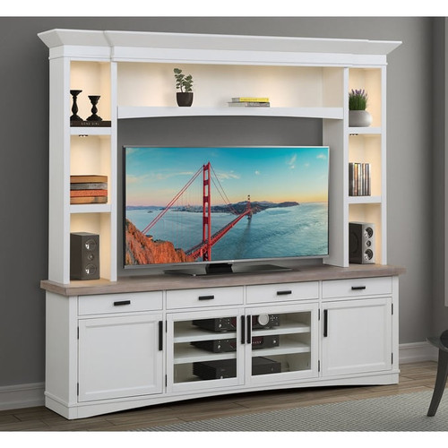 Parker House Americana Modern White 92 Inch TV Console with Hutch and LED Lights