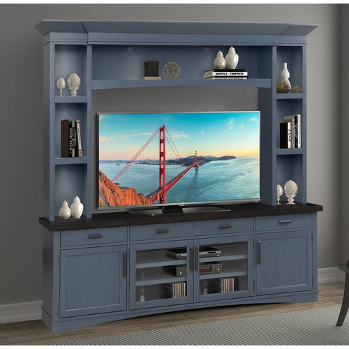 Parker House Americana Modern Blue 92 Inch TV Console with Hutch and LED Lights