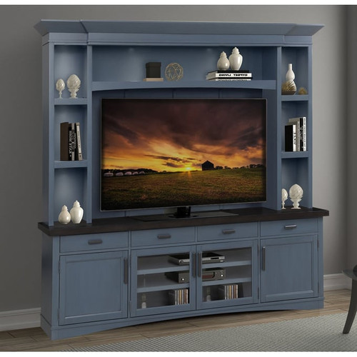 Parker House Americana Modern Blue 92 Inch TV Console with Hutch Backpanel and LED Lights