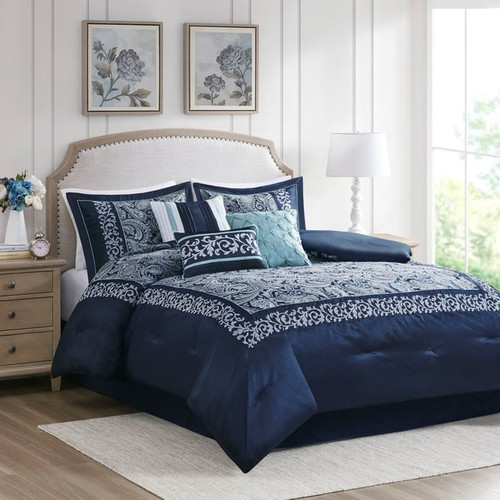 Olliix Madison Park Whitney Navy Queen 7pc Jacquard Comforter Set