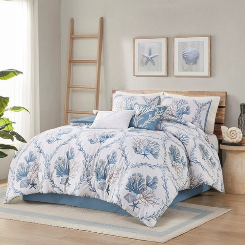 Olliix Harbor House Pismo Beach Blue White Full 6pc Comforter Set with Throw Pillows