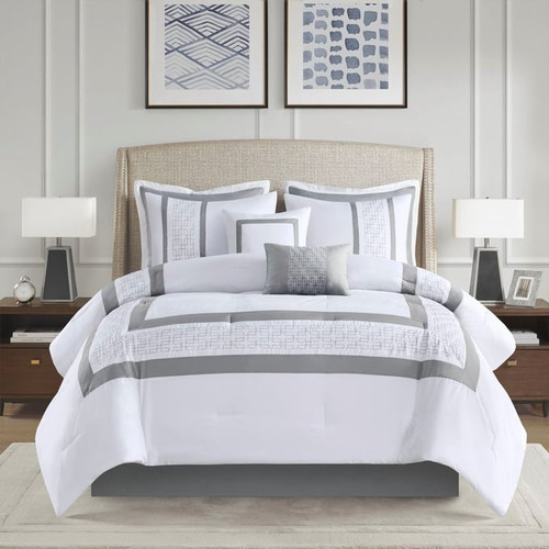 Olliix 510 Design Powell White Cal King 8pc Embroidered Comforter Set