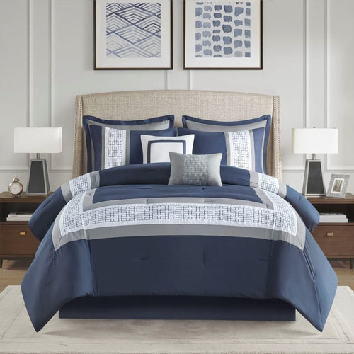 Olliix 510 Design Powell Navy Cal King 8pc Embroidered Comforter Set