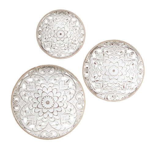 Olliix Madison Park Medallion Trio Natural White Floral 3pc Carved Wood Wall Decor Set