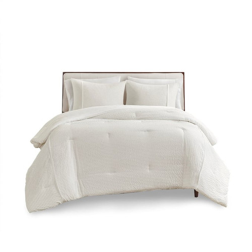 Olliix Beautyrest Apollo Ivory Full Queen 3pc Striped Seersucker Oversized Comforter Set