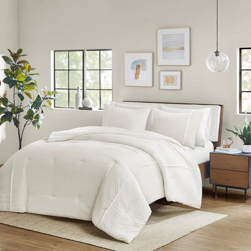 Olliix Beautyrest Apollo Ivory King Cal King 3pc Striped Seersucker Oversized Comforter Set