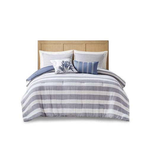 Olliix Harbor House Brooks White Blue King Cal King 5pc Oversized Cotton Stripe Comforter Set