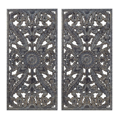 Olliix Madison Park Botanical Panel Antique Blue Carved Wood 2pc Wall Decor Set