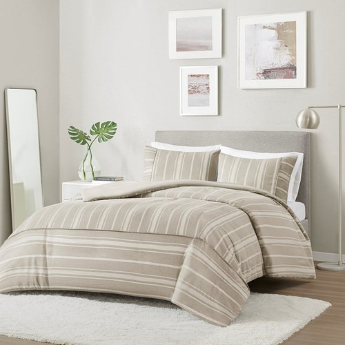 Olliix Beautyrest Kent Taupe Full Queen 3pc Striped Herringbone Oversized Duvet Cover Set