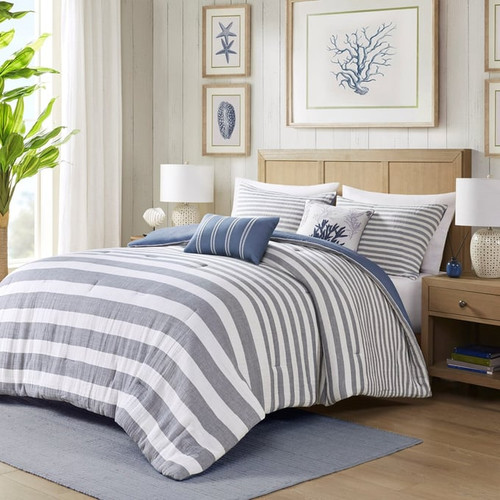 Olliix Harbor House Brooks White Blue Full Queen 5pc Oversized Cotton Stripe Comforter Set
