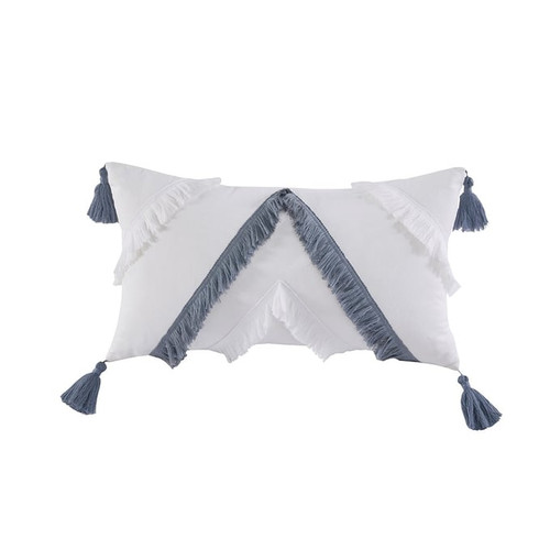 Olliix INK IVY Reva Off White Blue Cotton Oblong Pillow with Tassels