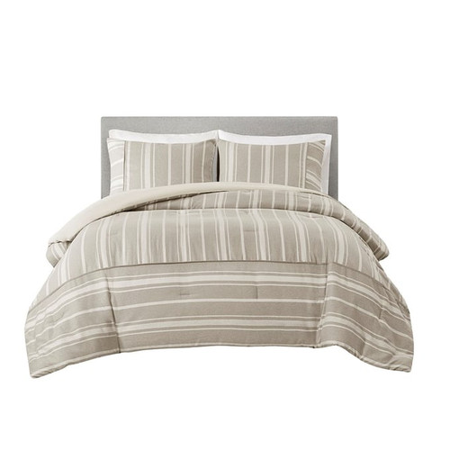 Olliix Beautyrest Kent Taupe Full Queen 3pc Striped Herringbone Oversized Comforter Set