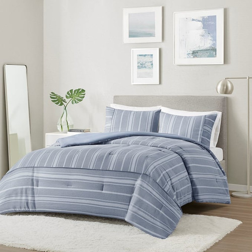 Olliix Beautyrest Kent Blue Full Queen 3pc Striped Herringbone Oversized Comforter Set