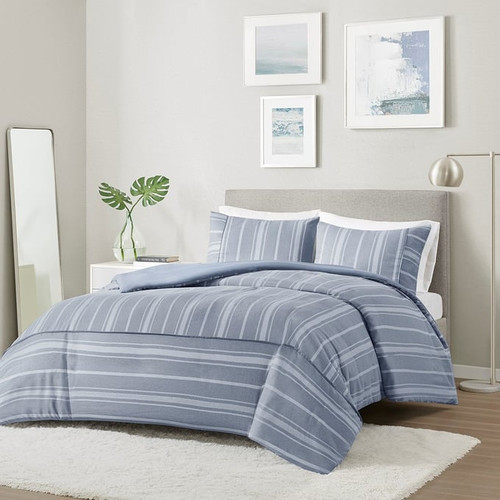 Olliix Beautyrest Kent Blue Full Queen 3pc Striped Herringbone Oversized Duvet Cover Set