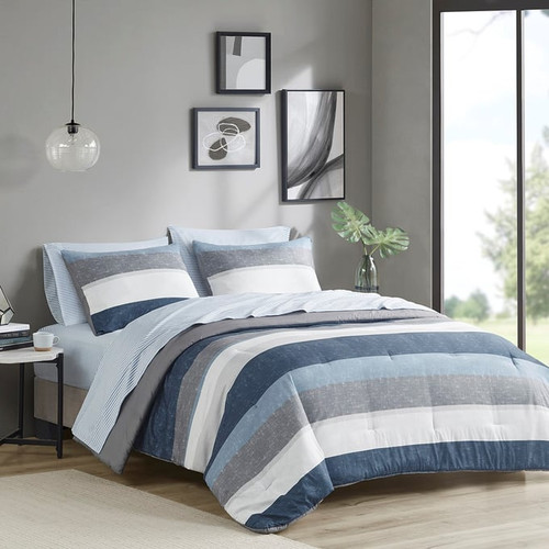 Olliix Madison Park Essentials Jaxon Blue Grey Full Comforter Set with Bed Sheets