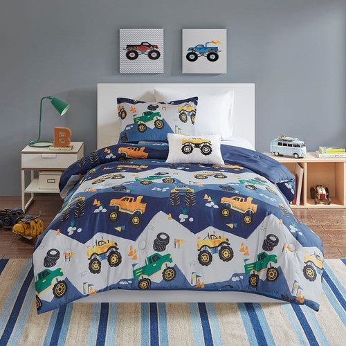 Olliix Mi Zone Kids Nash Blue Twin Monster Truck Comforter Sets