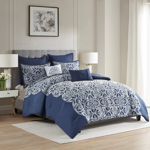 Olliix Madison Park Rana Navy 7pc Flocking Comforter Sets