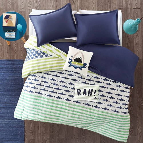 Olliix Urban Habitat Kids Finn Green Navy Twin Shark Cotton Duvet Cover Sets