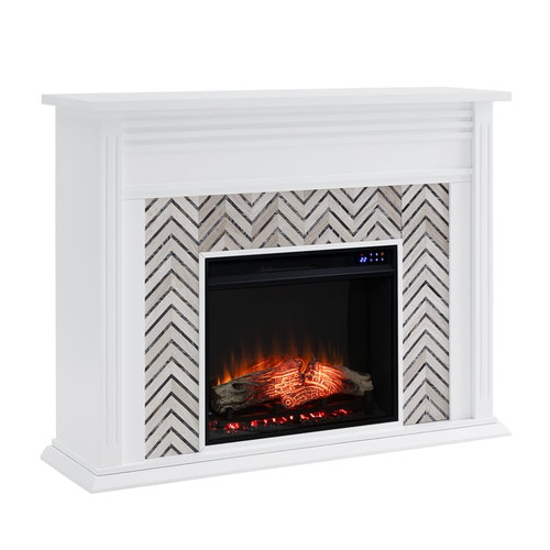 Southern Enterprises Hebbington White Tiled Marble Electric Fireplace with Touch Screen
