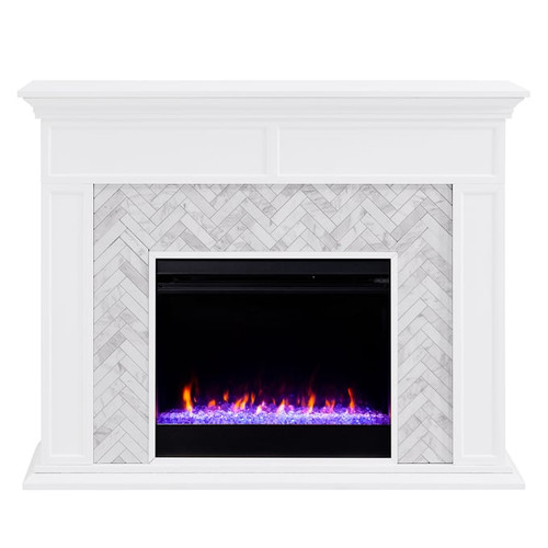 Southern Enterprises Torlington White Color Changing Marble Tiled Fireplace
