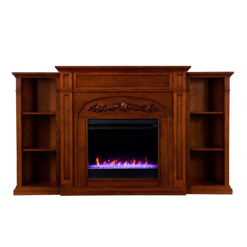 Southern Enterprises Chantilly Autumn Oak Color Changing Fireplace with Bookcases
