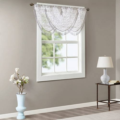 Olliix Madison Park Irina White Grey Diamond Sheer Waterfall Valance - 46 x 38