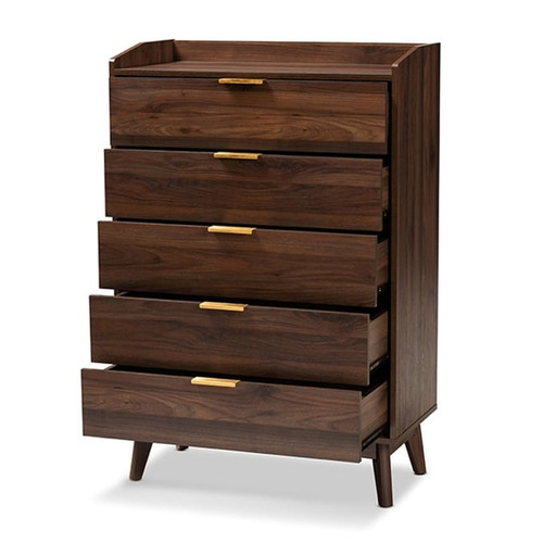 Baxton Studio Lena Walnut Brown Wood 5 Drawers Chest