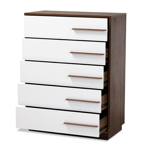 Baxton Studio Mette White Walnut Wood 5 Drawers Chest