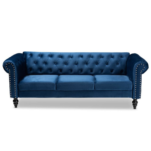 Baxton Studio Emma Navy Blue Velvet Button Tufted Chesterfield Sofa