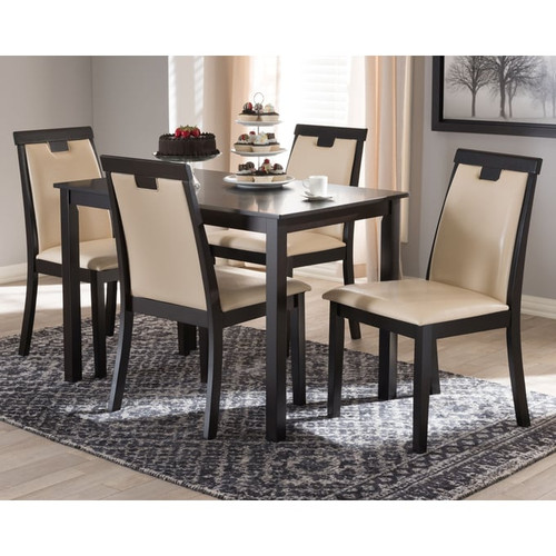 Baxton Studio Evelyn Beige Faux Leather Dark Brown Wood 5pc Dining Set
