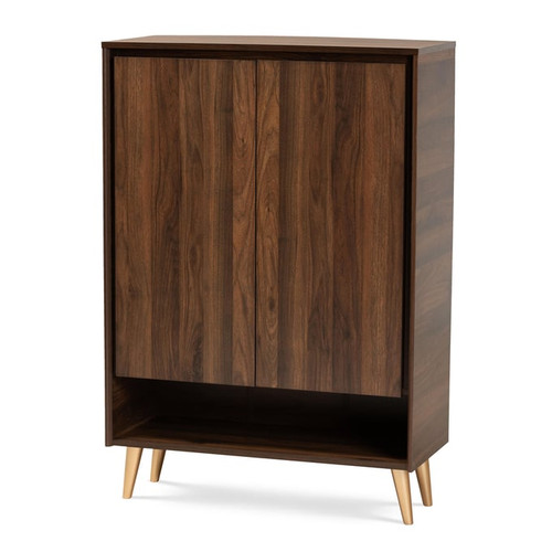 Baxton Studio Landen Walnut Brown Gold Finished Wood Two Doors Entryway Shoe Storage Cabinet