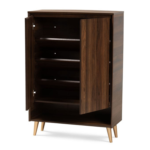 Baxton Studio Landen Walnut Brown Gold Finished Wood Two Doors Entryway Shoe Storage Cabinet