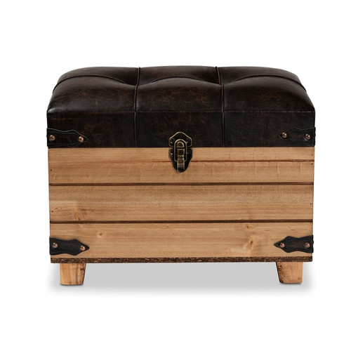 Baxton Studio Edmund Dark Brown Faux Leather Oak Wood Storage Ottoman