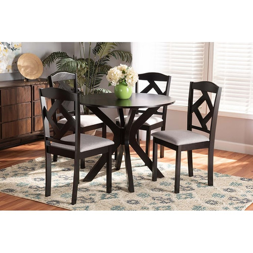 Baxton Studio Carlin Grey Fabric Dark Brown Wood 5pc Dining Set