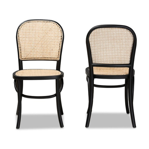 2 Baxton Studio Cambree Beige Woven Rattan Black Wood Cane Dining Chairs