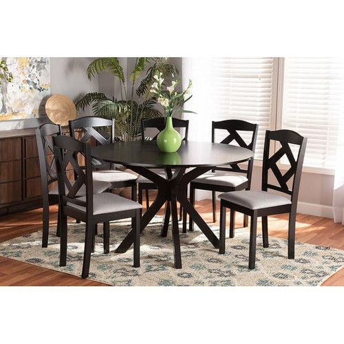 Baxton Studio Carlin Grey Fabric Dark Brown Wood 7pc Dining Set