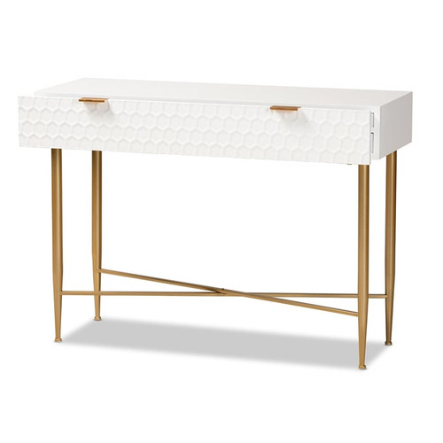 Baxton Studio Galia White Wood Gold Metal One Drawer Console Table