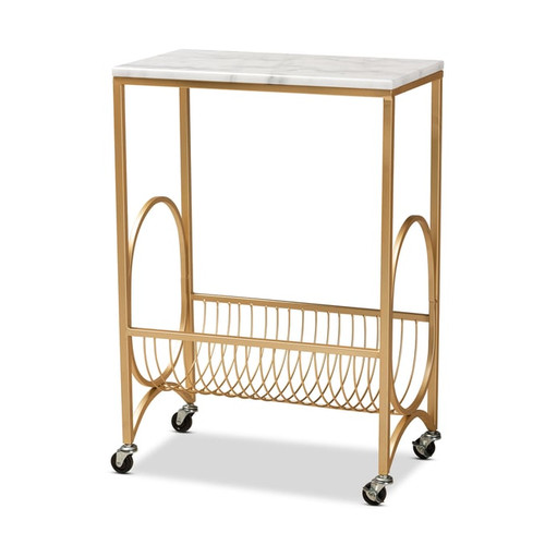 Baxton Studio Jacek White Marble Gold Metal Wine Cart