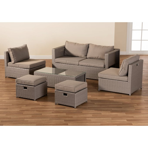 Baxton Studio Haina Grey Fabric Synthetic Rattan 6pc Patio Set