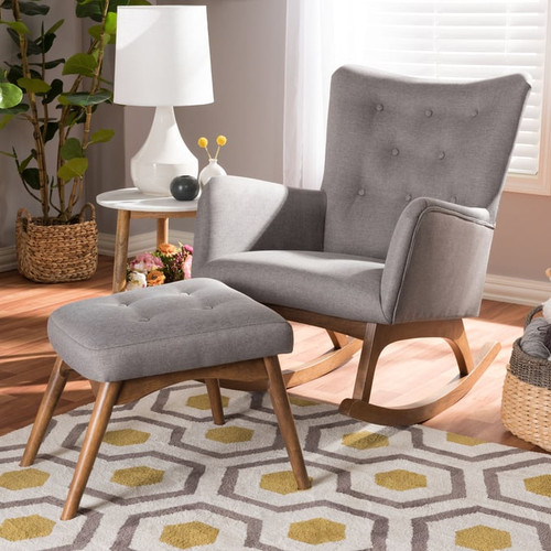 Baxton Studio Waldmann Grey Fabric Upholstered Rocking Chair and Ottoman Set