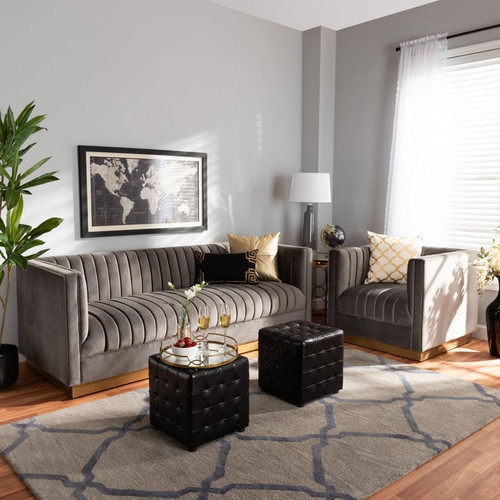 Baxton Studio Aveline Grey Velvet Upholstered 2pc Sofa and Armchair Set
