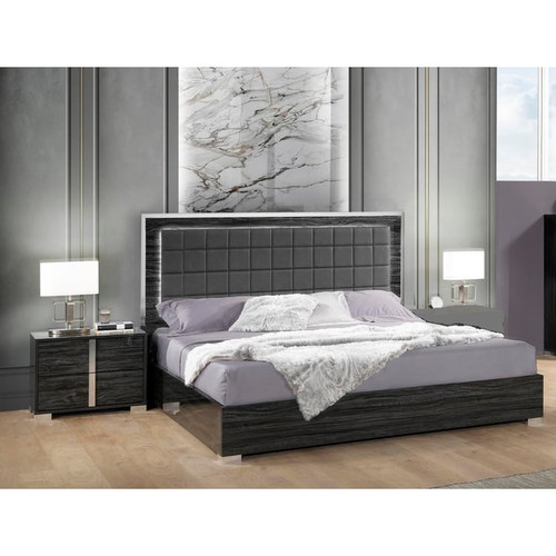 JM Furniture Alice Glossy Gray 4pc Bedroom Set With Queen Bed And Left Nightstand