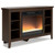 Ashley Furniture Camiburg Warm Brown Corner TV Stand With Fireplace Insert Glass Stone