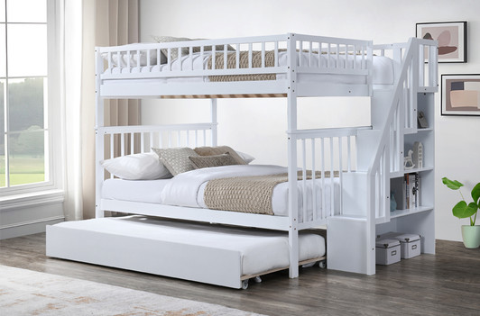 Double over Double Staircase Trundle Bunk Bed White