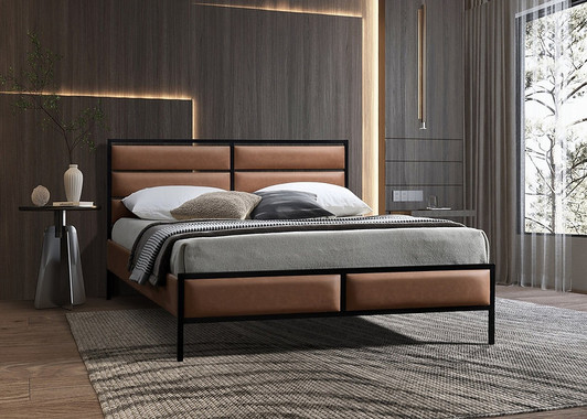 Vancouver metal upholstered platform bed in black and tan