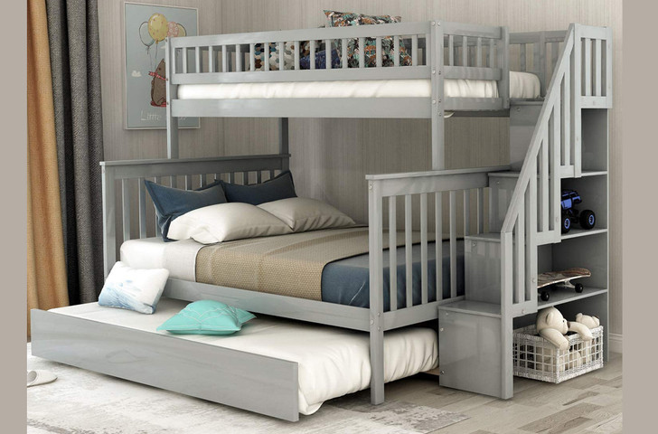 Twin / Double Staircase Trundle Bunk Bed Grey
